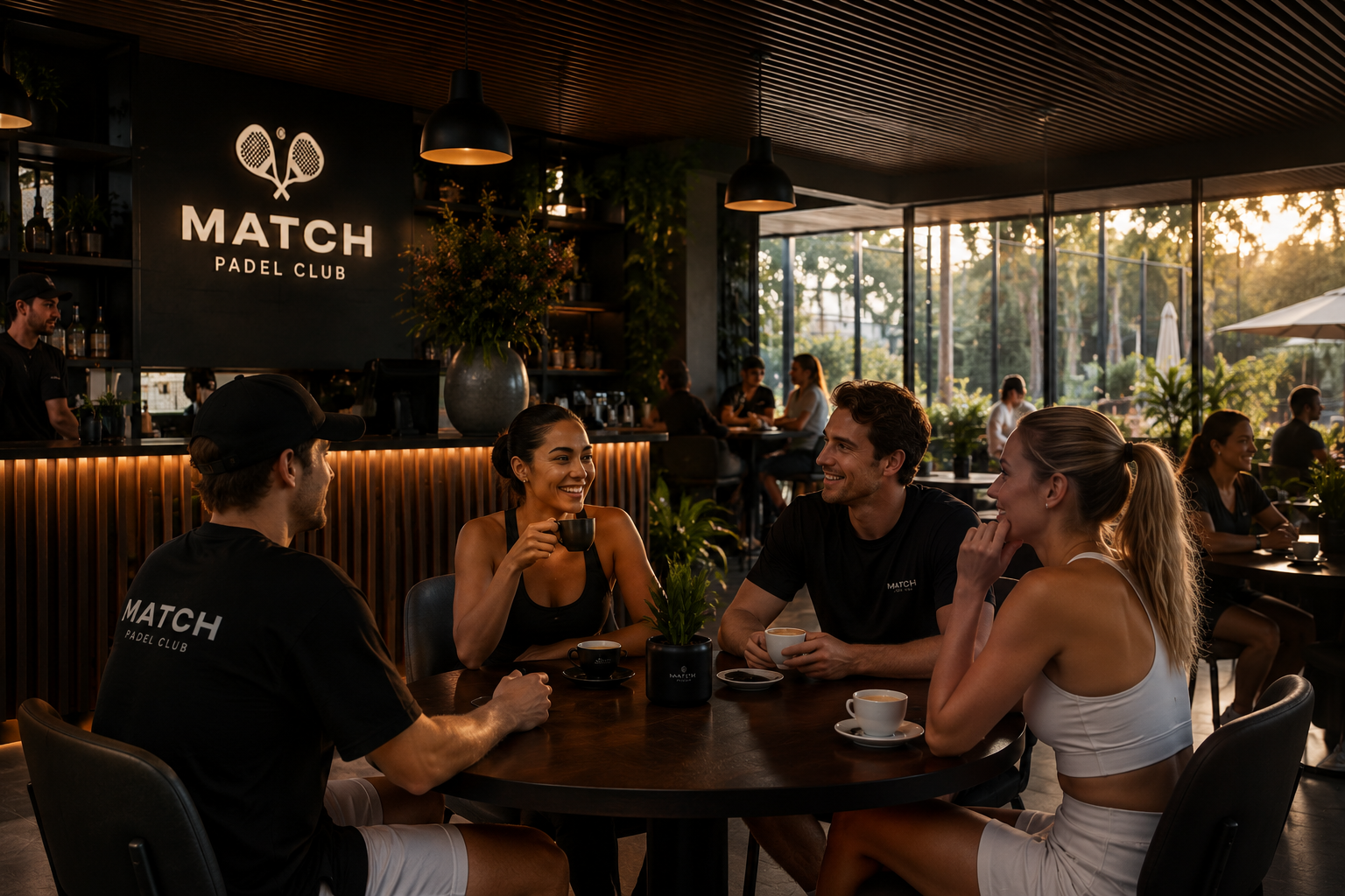 MATCH Padel Club cafe — members enjoying coffee after a game