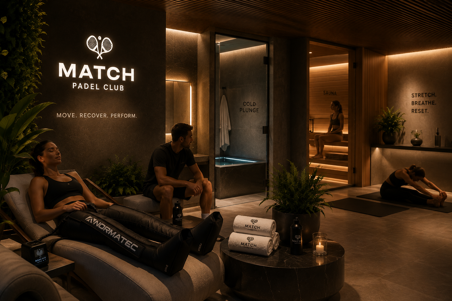 MATCH Padel Club wellness and recovery lounge — cold plunge, sauna, compression therapy