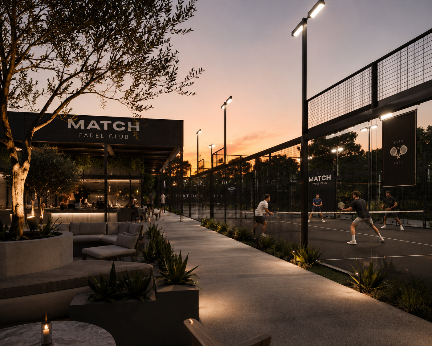 MATCH Padel Club premium courts at sunset